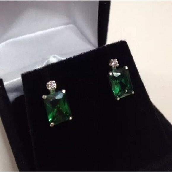 Beautiful 3ctw Emerald & White Sapphire Earrings Emerald Cut Emerald Earrings - Picture 5 of 6